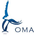 Abstract blue bird emblem beside OMA lettering