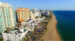 Coastal high-rise hotels and sandy shoreline panorama