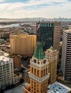 Aerial view of Oakland clock tower and downtown.
