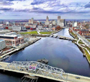 Aerial view of river winding through city