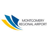 Airport logo with blue swoops and yellow curve
