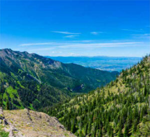 Green mountain valley under bright blue sky