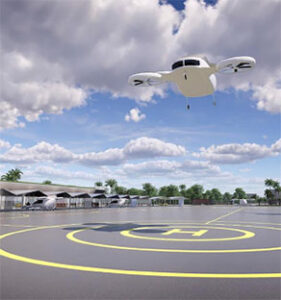 Delivery drone hovering above rooftop helipad