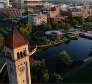 Aerial view of clock tower and river park
