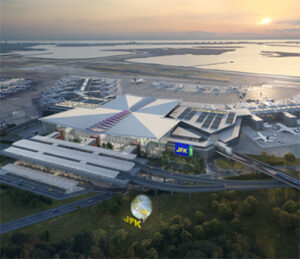 Aerial view of JFK airport at sunset