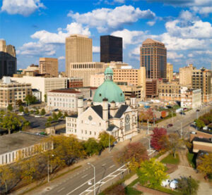 Downtown view with dome church and streets
