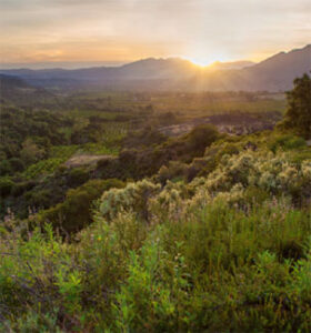 Sunrise over green valley and distant mountains