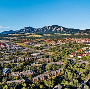 Aerial view of town and mountain range
