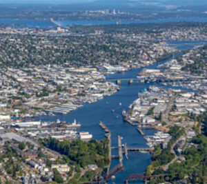 Aerial view of river with city bridges