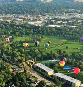Colorful hot air balloons over green park