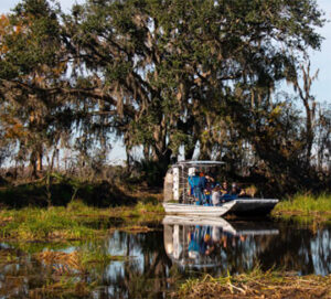 Airboat with passengers by mossy oak trees